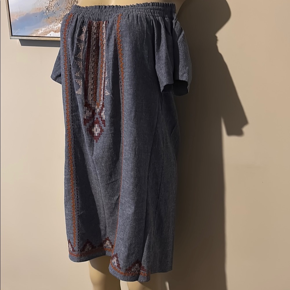 Lush Blue Off-Shoulder Dress with Red Accents - Picture 2 of 3